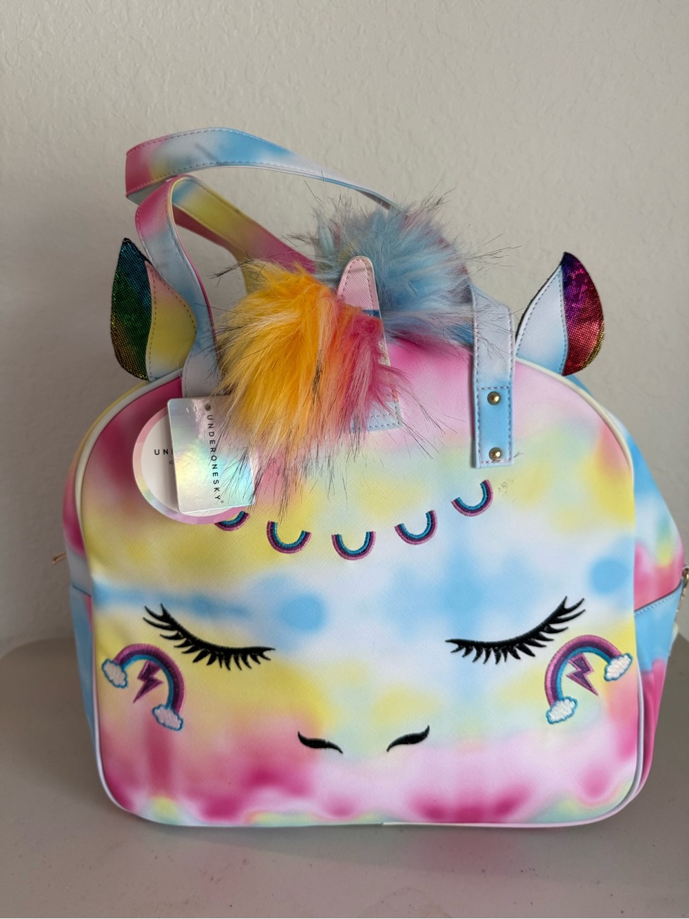 New girls Under One sky Rainbow Unicorn travel Bag with Multicolor Pom Pom